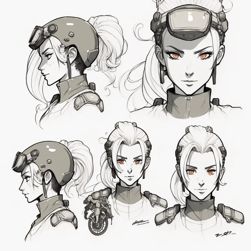 female motorcycle rider, head, close up character design, multiple concept designs, concept design sheet, white background, style of akira toriyama